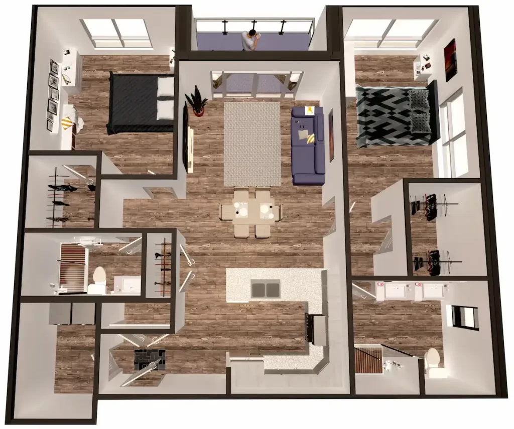 3D rendered floor plan for this apartment